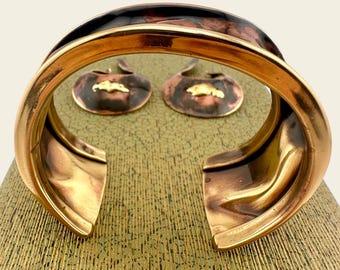 Vintage RAL Brutalist Mixed Metal Jewelry Set, Cuff and Earrings, Rolf & Andrea Ludden