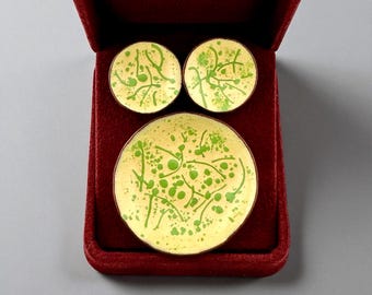 Vintage Artisan Enamel on Copper Brooch and Earring Set