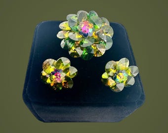 Vintage Rivoli Watermelon Crystal Brooch and Earring Set 1950’s