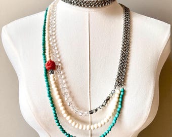 LEE ANGEL Triple Strand Fireball gelaagde statement ketting met zilveren schakel