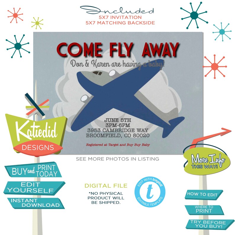 Party Supplies Red Vintage Air Force Aeroplane Invitations Baby