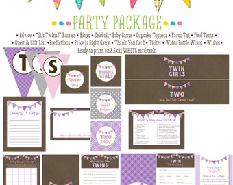 twin babies shower invitation surprise gender reveal co-ed baby shower party package gender reveal party game banner 1518 Katiedid Designs