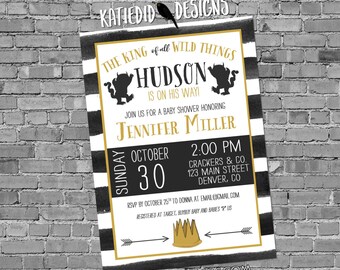 where the wild things are baby shower invitation one two boy girl gender reveal neutral rumpus black white stripe birthday | 12125 Katiedid
