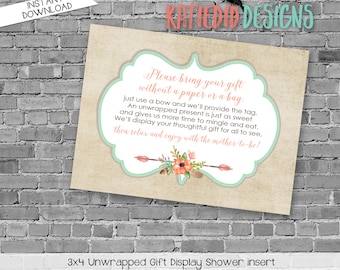 display shower insert | unwrapped gift enclosure card | rustic shower invitations gender neutral | mint coral invite | 1445 Katiedid Designs