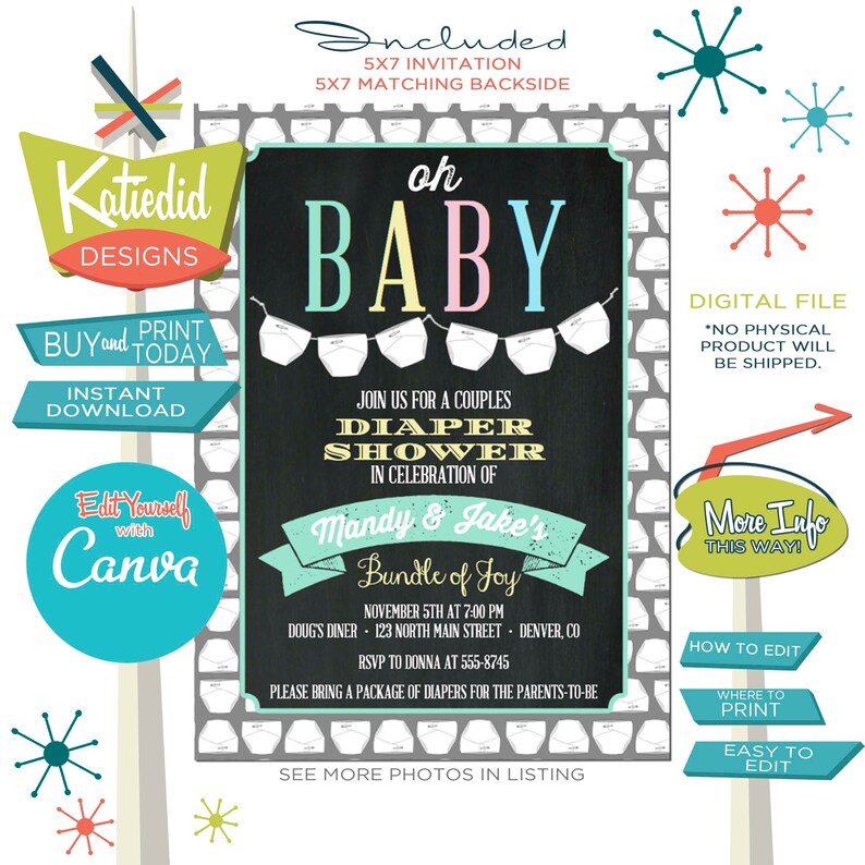 Diaper Shower Invitation Gender Reveal Couples Baby Shower Etsy