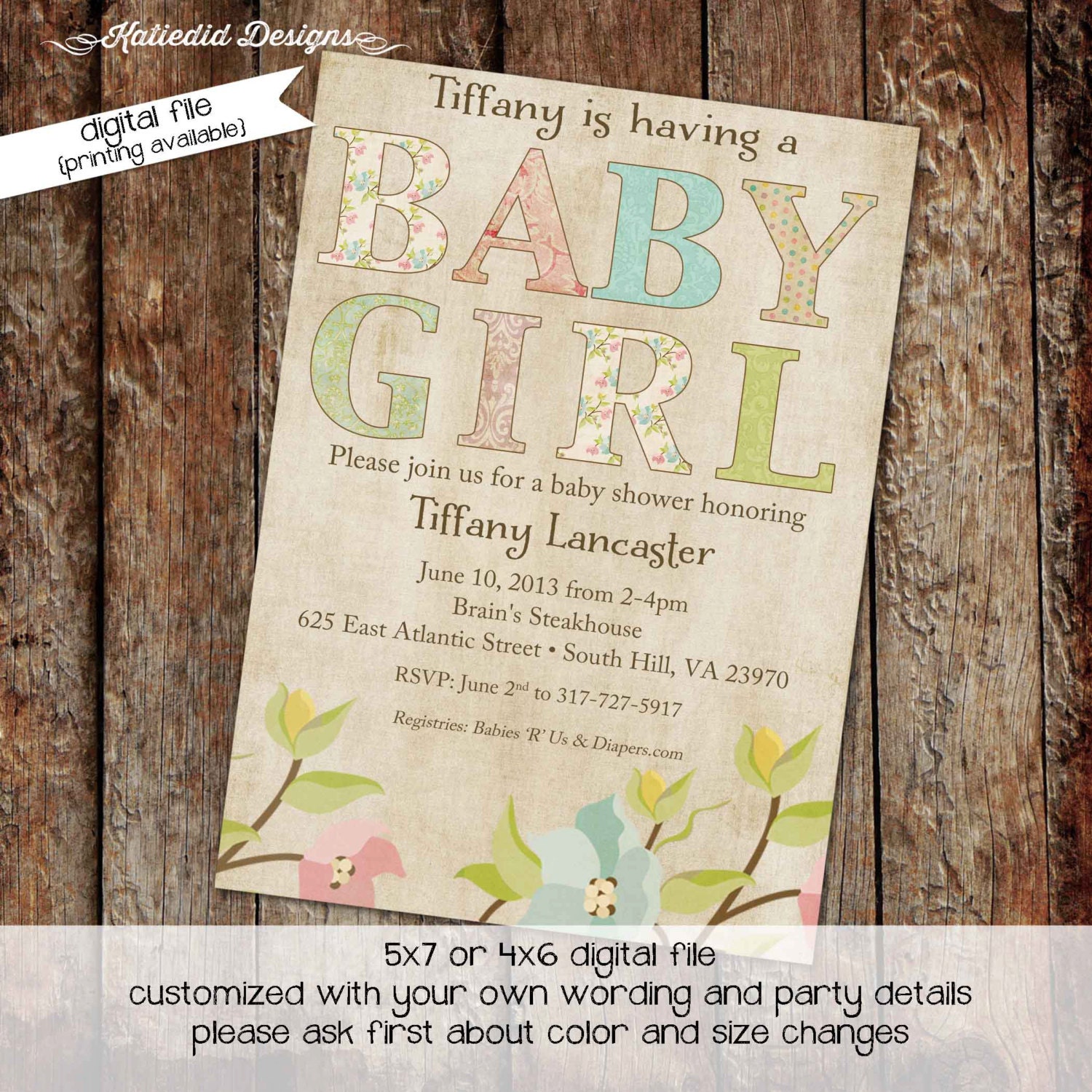 couples baby shower invitation floral girl twins rustic sugar