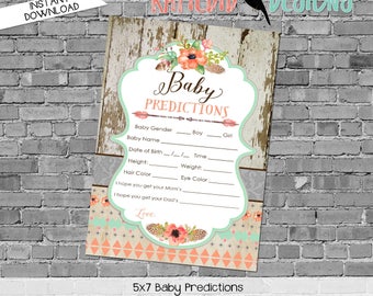 gender reveal party game co-ed baby shower diaper wipe brunch baby predictions stats mint coral boho tribal rustic 1445 Katiedid Designs