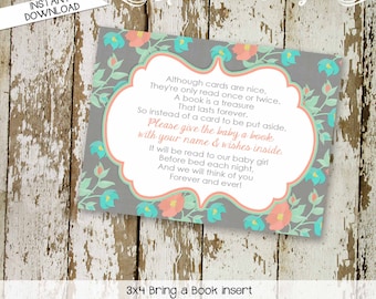 Bring a Book instead of a card enclosure card insert storybook theme library floral chic invite mint coral gray aqua 1335 katiedid designs