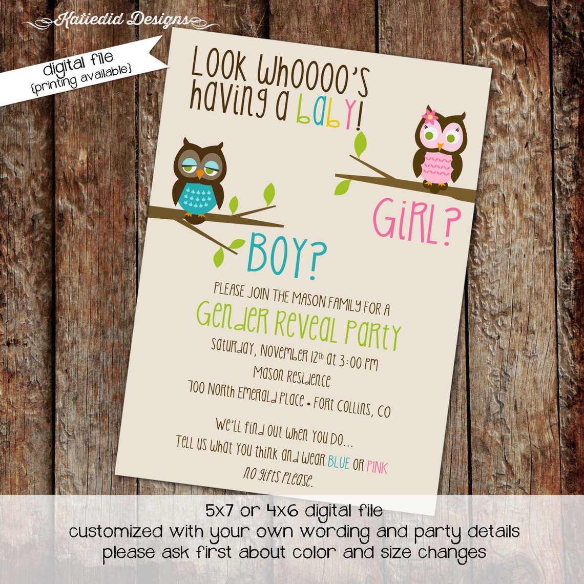 Gender Reveal Invitation Owl Baby Shower Diaper Wipes Brunch Etsy