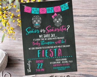 Fiesta gender reveal invitation baby shower cinco de mayo senor senorita sugar skull Papel Picado couples coed twin mexican | 1461 Katiedid