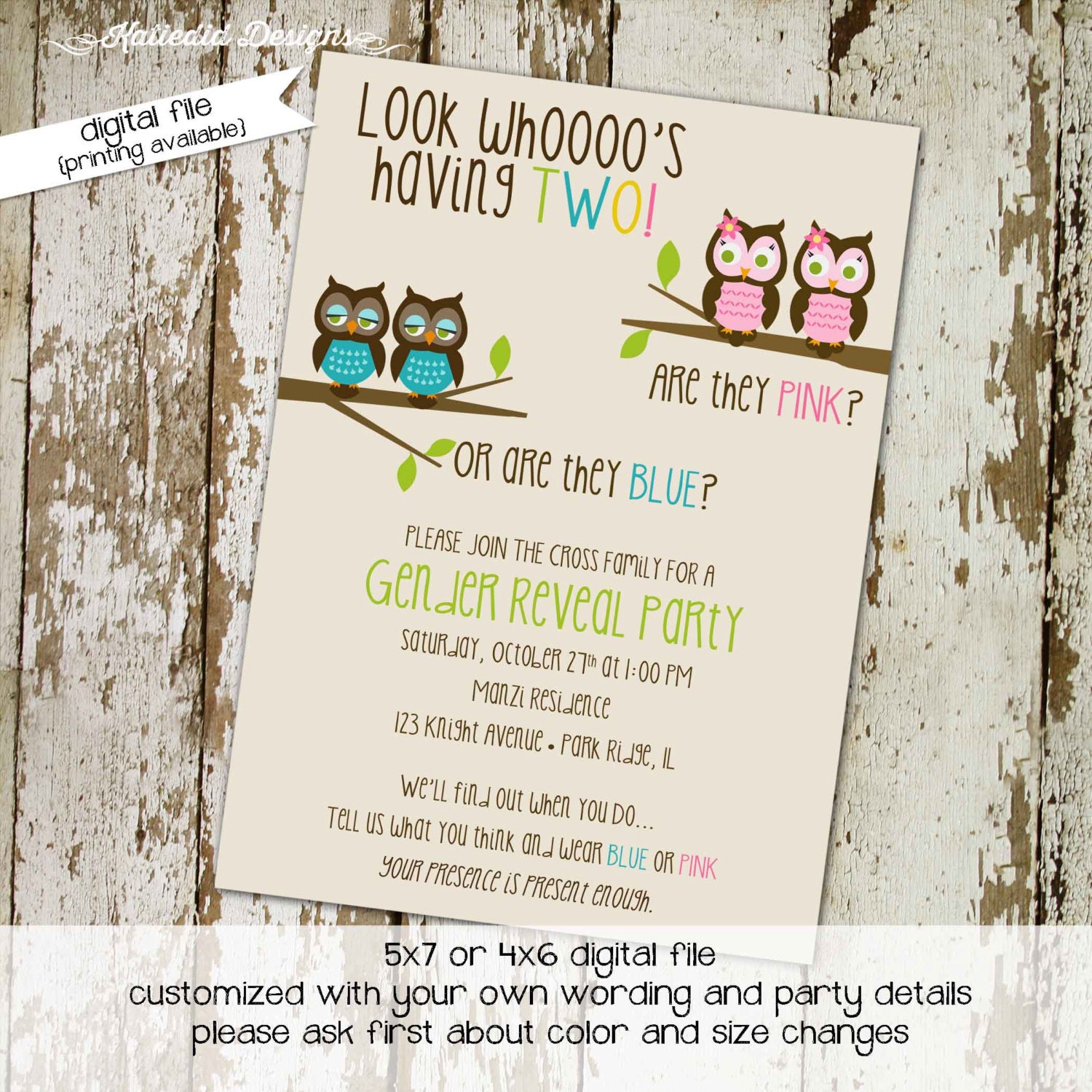 Twin Gender Reveal Invitation He Or She Gender Reveal Invitation Owl Twin Gender Reveal Invitation He Or She Gender Reveal Invitation Owl