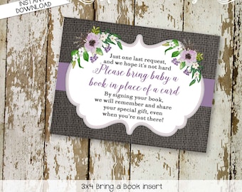 rustic baby girl shower floral chic purple Bring a Book instead of a card enclosure card insert storybook theme library 1308 Katiedid Design