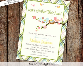 Bird nest gender reveal invitation couples baby shower coed sprinkle sip see twins neutral brunch boy feather plaid  | 1408 Katiedid designs