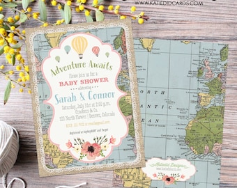 Adventure awaits Hot air balloon Travel theme baby shower invitation World map gender neutral reveal sip see oh the places | 1455 Katiedid