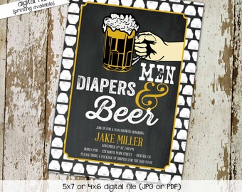 Poker gender reveal invitation diaper wipes couples baby shower pampers dad man two beer neutral chalkboard coed party | 148 Katiedid Design