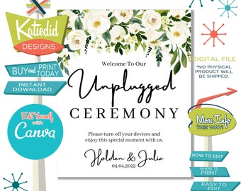 Unplugged Ceremony Sign, Wedding Sign with White Rose Flowers | 004 Katiedid Designs