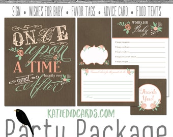 baby shower party package storybook once upon a time mint coral floral chic kraft paper rustic chic welcome sign co-ed 1379 Katiedid Designs