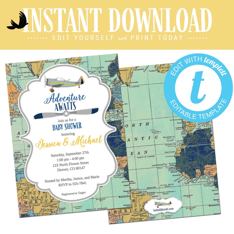 Travel Theme Baby Shower Invitation Airplane Adventure Awaits Etsy