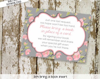 Bring a Book instead of a card enclosure card insert storybook theme library floral chic invite pink gray once upon a 1335 katiedid designs