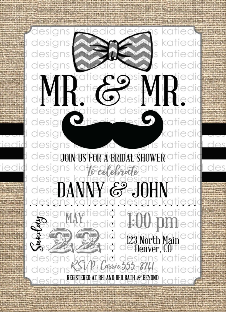 Bow tie couples shower Invitation mustache two grooms Bridal Etsy