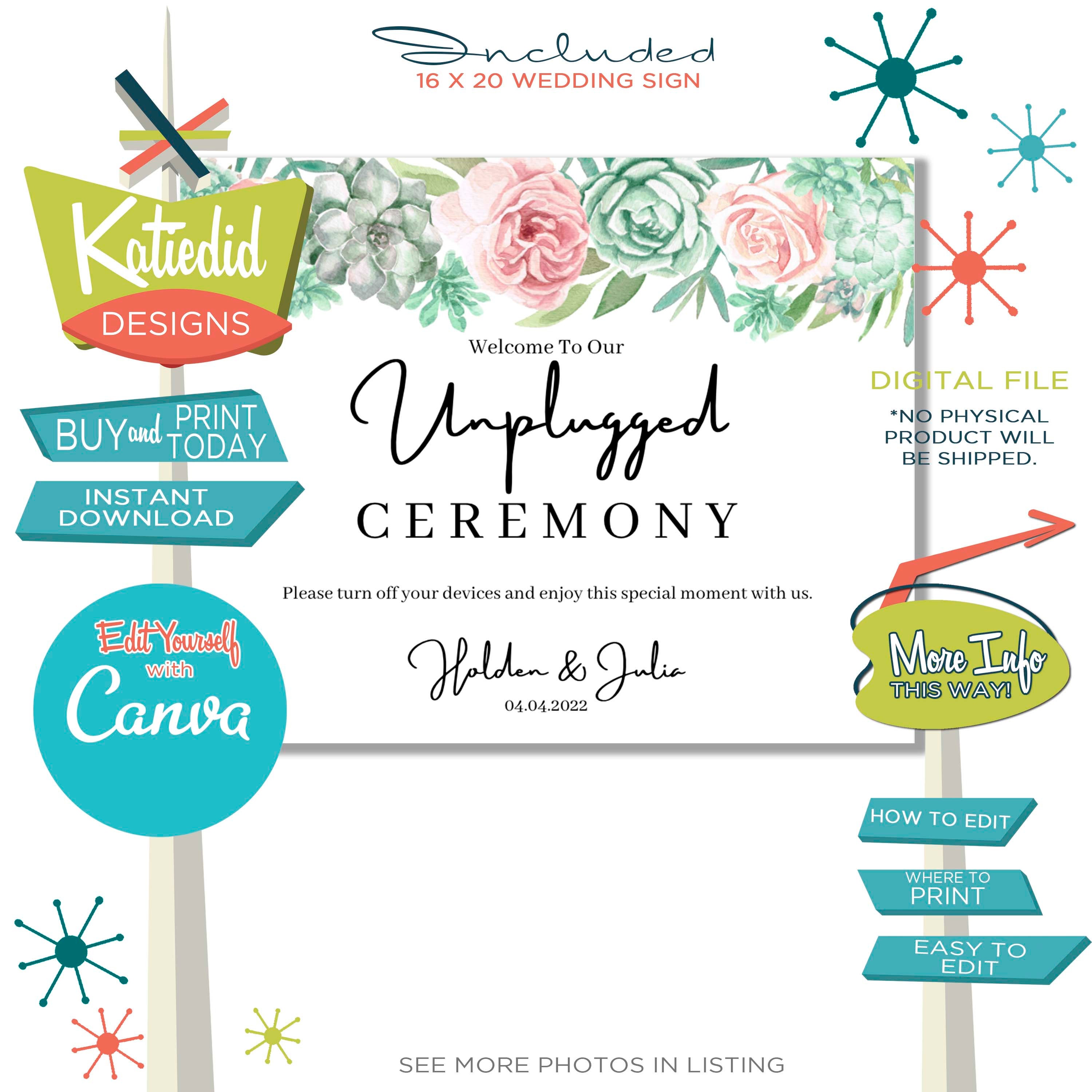 Unplugged Ceremony Sign Wedding Sign With Sage Green And Pink Succulents 002 Katiedid Designs
