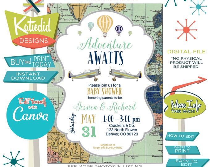 Featured listing image: Travel Theme Gender Neutral Baby Shower Invitation or Gender Reveal, Hot Air Balloon Travel Theme for ANY EVENT | 12131 Katiedid Designs
