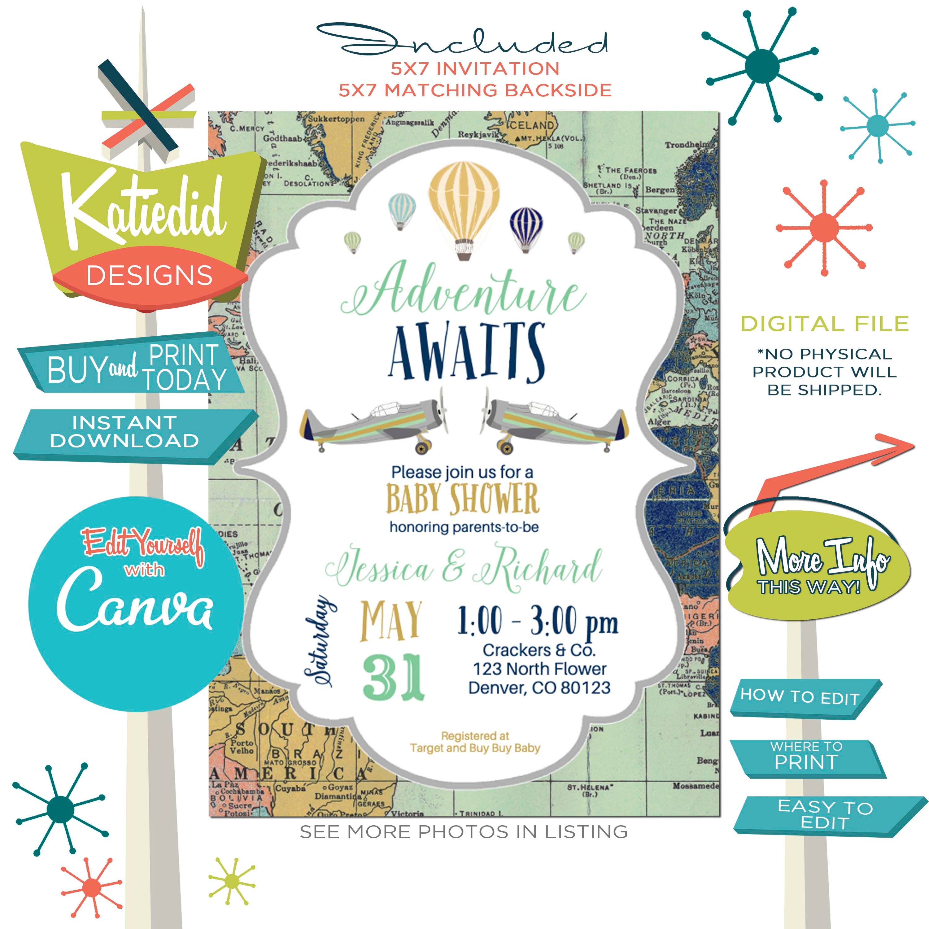 Travel Theme Gender Neutral Baby Shower Invitation Or Gender Reveal Hot Air Balloon Travel Theme For Any Event Katiedid Designs