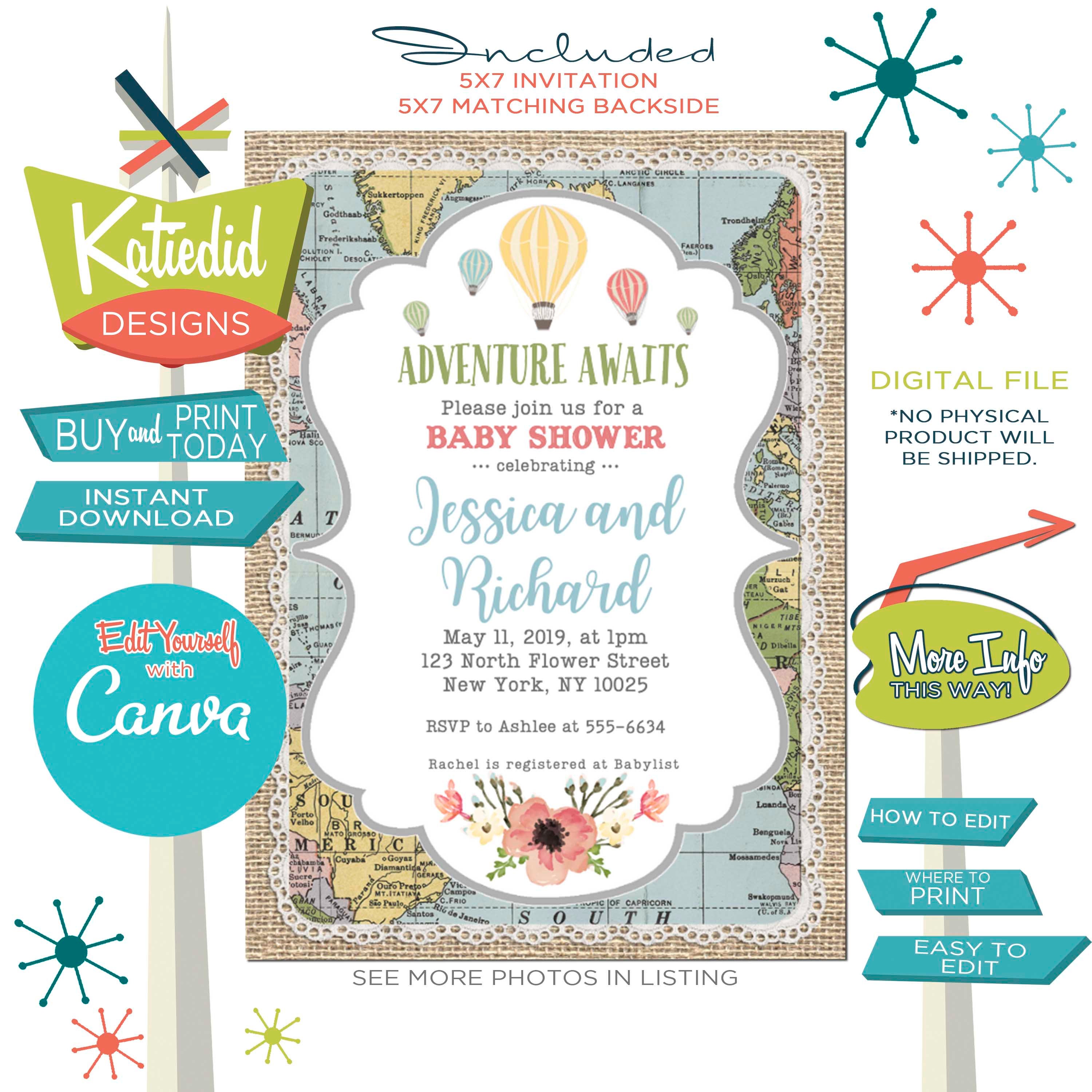 Baby Shower Invitation Gender Neutral Hot Air Balloon Travel Theme Gender Reveal Edit For Any Event 1455 Katiedid Designs