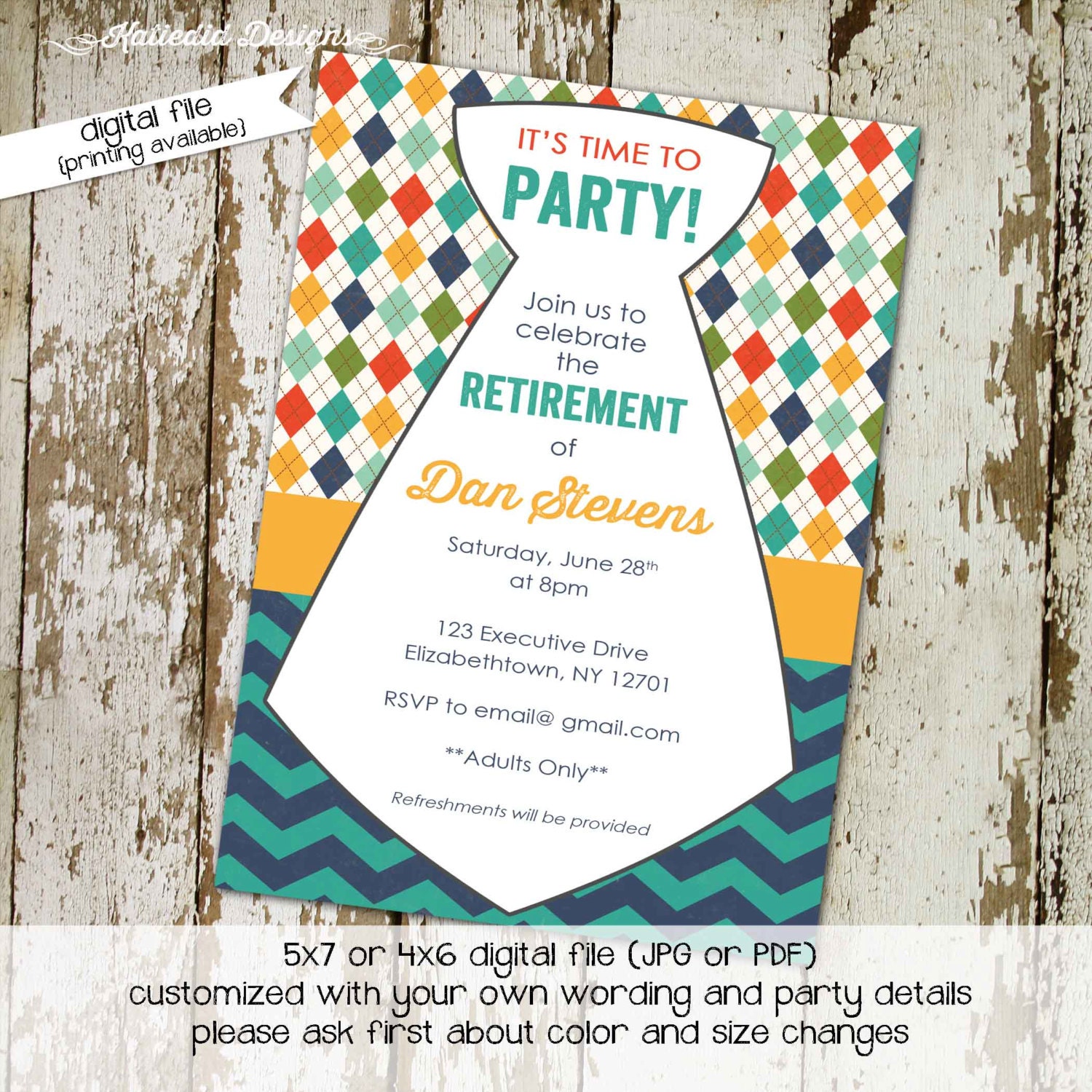 Retirement Party Invitation Necktie 50th 60th 70th 75th Birthday