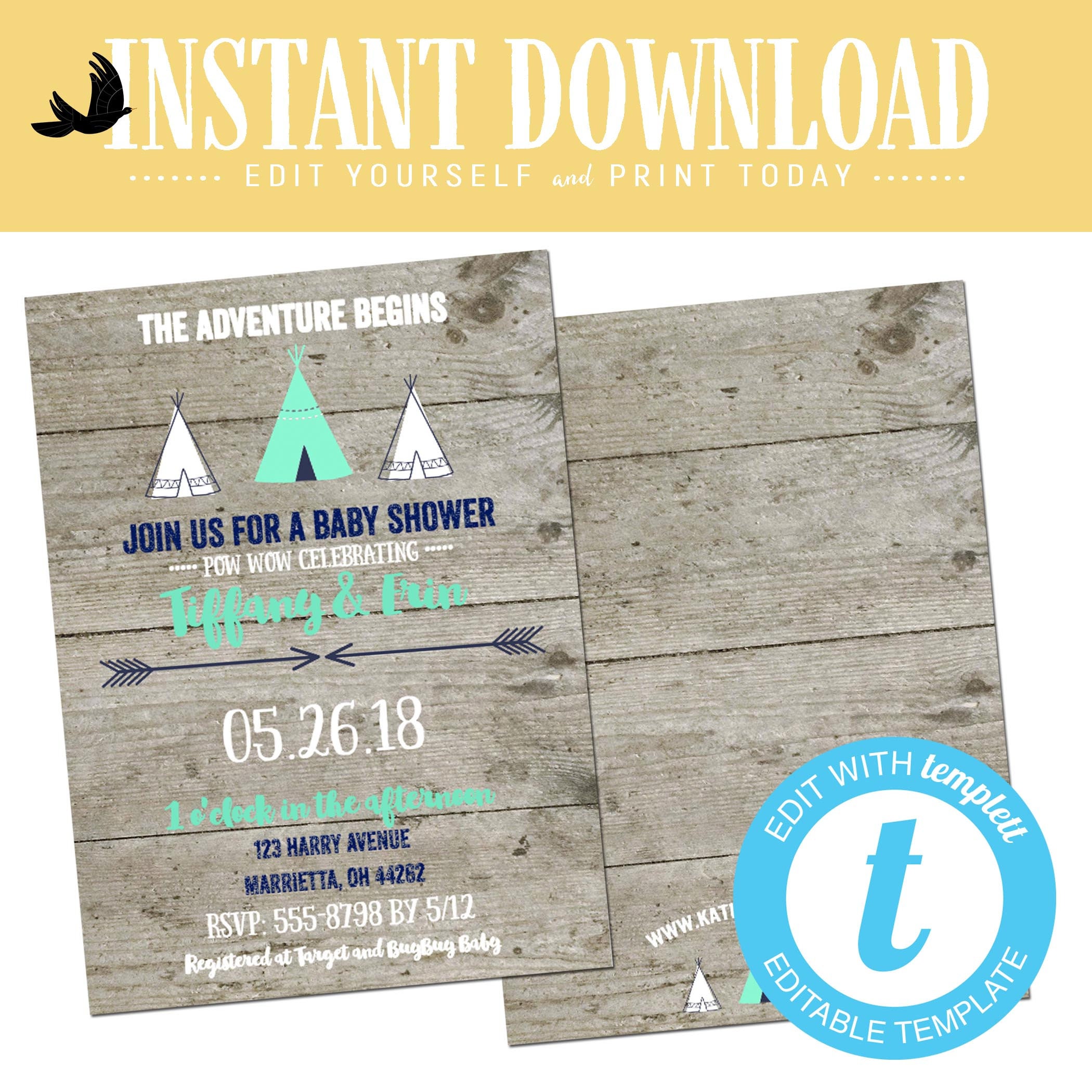 Teepee Baby Boy Shower Invitation Rustic Diaper Tribal Boho Gender Teepee Baby Boy Shower Invitation Rustic Diaper Tribal Boho Gender