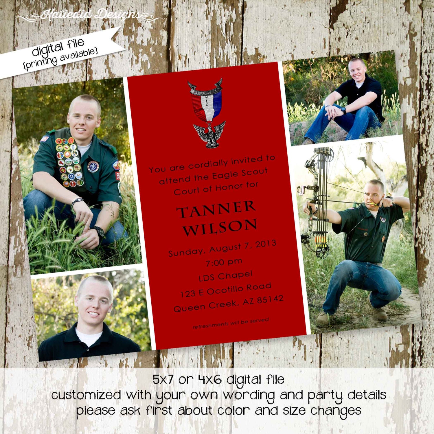 High School Graduation Announcement, Eagle Scout Court of Honor Invitation with Photo Picture LDS Mormon - 601 Katiedid Card