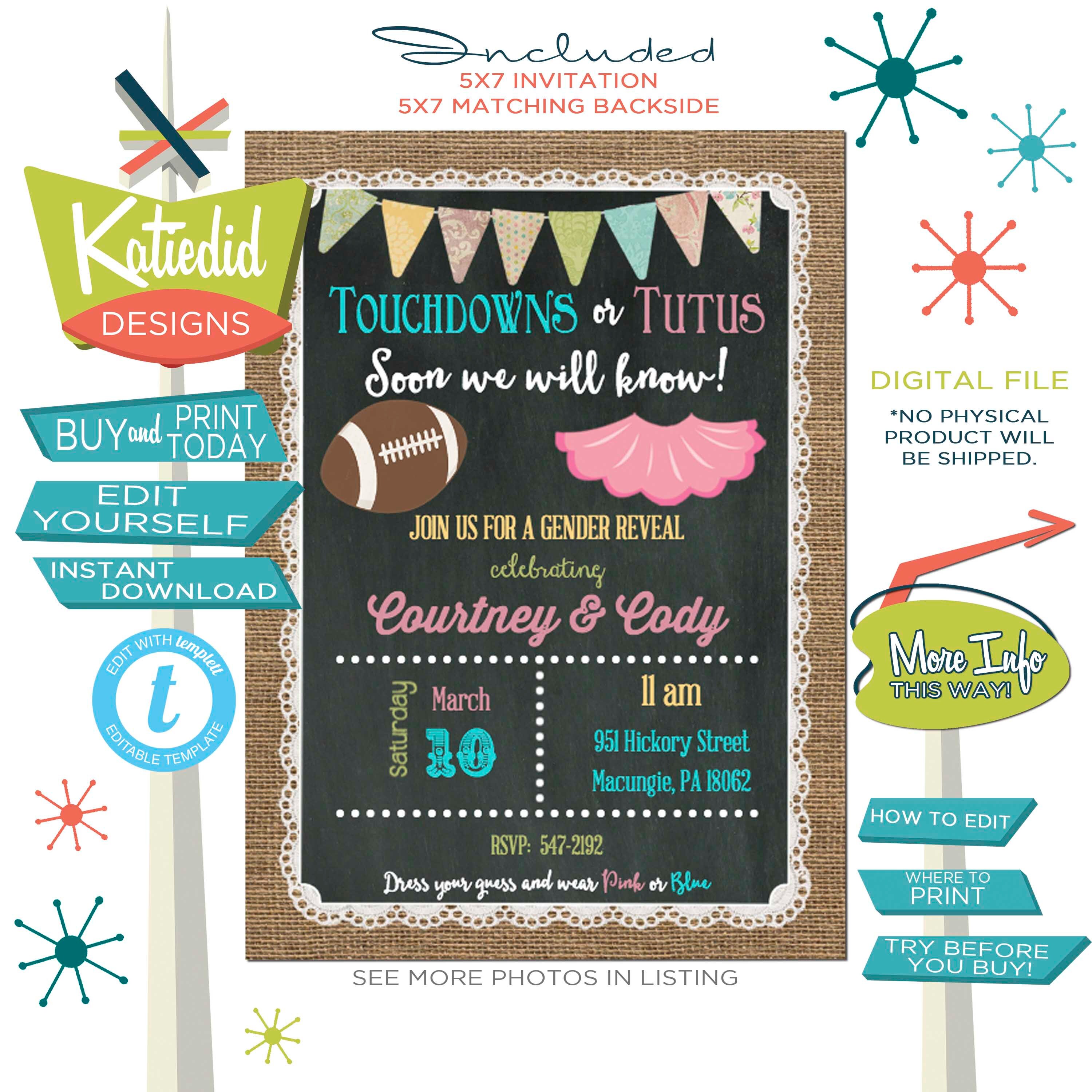 Gender Reveal Invitation Touchdowns Or Tutus Baby Shower Neutral Twin Gender Reveal Invitation Touchdowns Or Tutus Baby Shower Neutral Twin