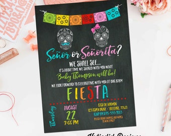 Fiesta invitation gender reveal baby shower day dead halloween sugar skull papel picado senor senorita twin chalkboard taco | 1460 Katiedid