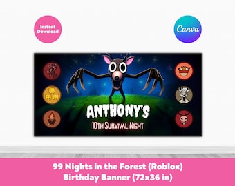 Editable Roblox 99 Nights in the Forest Birthday Party Banner | Roblox Kids Birthday Party Decorations | Printable Canva Template
