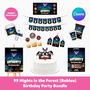 May include: A birthday party bundle with a Roblox theme. Includes a cake topper, banner, cupcake toppers, invitations, and other party supplies. The theme features a cartoon creature with the text "Anthony's 10th Survival Night". The bundle is available as an instant download.
