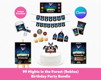 Bearbeitbar Roblox 99 Nights in the Forest Geburtstagspartydekorationen Bundle | Roblox Kids Party Gastgeschenke Bündel | Druckbare Canva Vorlage