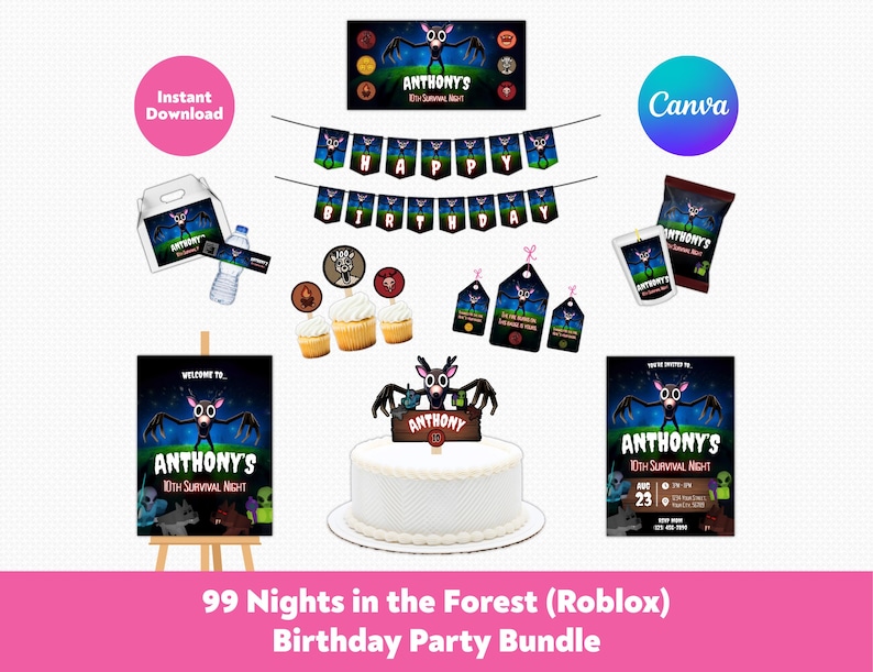 May include: A birthday party bundle with a Roblox theme. Includes a cake topper, banner, cupcake toppers, invitations, and other party supplies. The theme features a cartoon creature with the text "Anthony's 10th Survival Night". The bundle is available as an instant download.