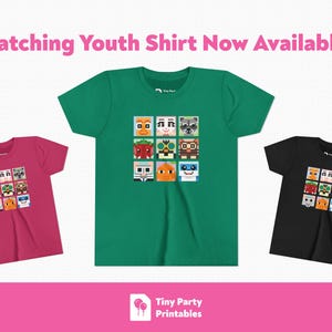 May include: Three youth t-shirts in pink, green, and black. Each shirt features a square graphic of nine pixelated cartoon characters. The text "Matching Youth Shirt Now Available!" is at the top.