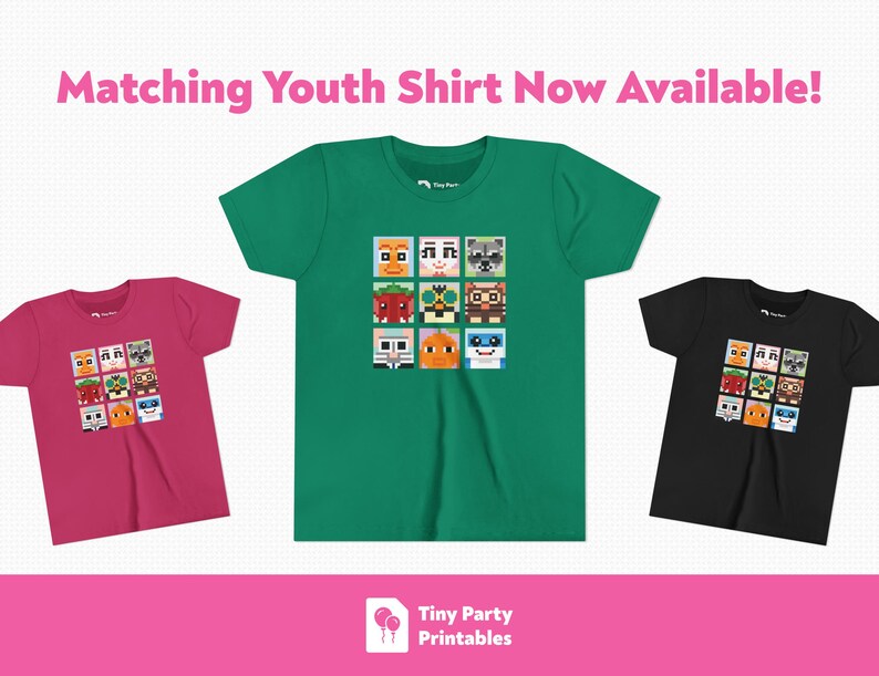 May include: Three youth t-shirts in pink, green, and black. Each shirt features a square graphic of nine pixelated cartoon characters. The text "Matching Youth Shirt Now Available!" is at the top.