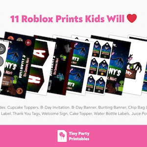 May include: A collection of 11 Roblox-themed party printables, including cupcake toppers, invitations, banners, and labels. The designs feature a dark blue and green color scheme with Roblox characters and the text "Anthony's 8th Survival Night".