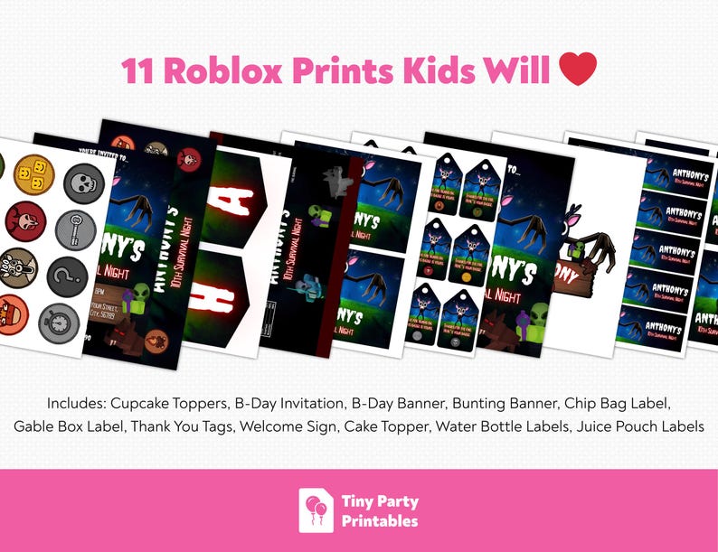 May include: A collection of 11 Roblox-themed party printables, including cupcake toppers, invitations, banners, and labels. The designs feature a dark blue and green color scheme with Roblox characters and the text "Anthony's 8th Survival Night".
