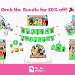 May include: A selection of party decorations with a cartoon design. The set includes a banner reading "Happy Birthday", cake decorations, gift bags, and a welcome sign. The text "Grab the Bundle for 50% off!" is also visible.