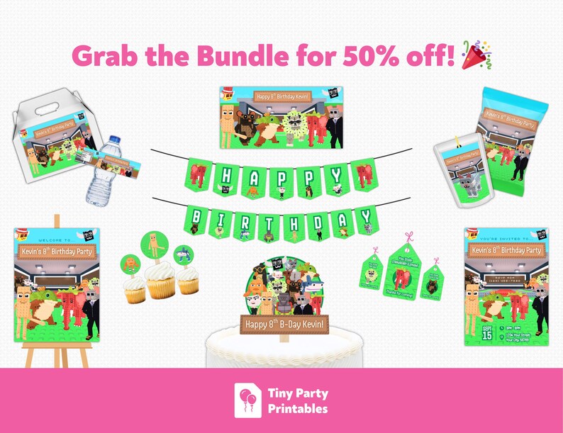 May include: A selection of party decorations with a cartoon design. The set includes a banner reading "Happy Birthday", cake decorations, gift bags, and a welcome sign. The text "Grab the Bundle for 50% off!" is also visible.