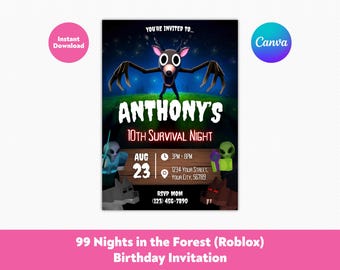 Editable Roblox 99 Nights in the Forest Birthday Invitation | Roblox Kids Birthday Party Invite | Printable Canva Template, Instant Download