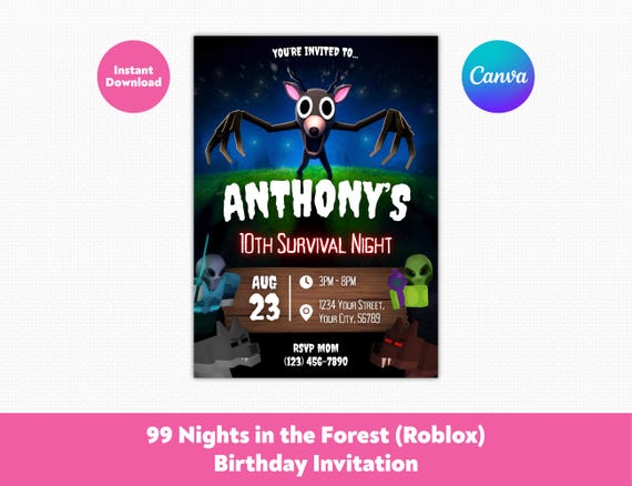 Editable Roblox 99 Nights in the Forest Birthday Invitation | Roblox Kids Birthday Party Invite | Printable Canva Template, Instant Download