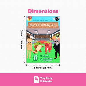 May include: A vibrant invitation for Kevin's 8th birthday party. The invitation is 12.7 cm wide and 17.78 cm tall. It features pixelated characters and the text "You're Invited To... Kevin's 8th Birthday Party".