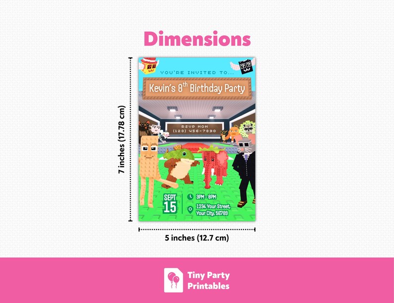 May include: A vibrant invitation for Kevin's 8th birthday party. The invitation is 12.7 cm wide and 17.78 cm tall. It features pixelated characters and the text "You're Invited To... Kevin's 8th Birthday Party".