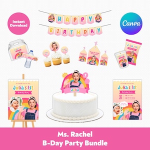 Editable Ms. Rachel Birthday Party Decorations Bundle | Ms. Rachel Kids Party Favors Bundle | Printable Canva Template, Instant Download