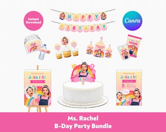 Editable Ms. Rachel Birthday Party Decorations Bundle | Ms. Rachel Kids Party Favors Bundle | Printable Canva Template, Instant Download