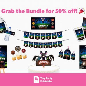 May include: A collection of party supplies with a spooky theme. Includes a banner that says "Happy Birthday", cupcake toppers, cake topper, invitation, water bottle label, and snack bag. The theme is "Anthony's 10th Survival Night".